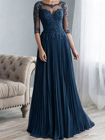 TintenblauBrautmutterkleider A-Linie- Abendkleider für Hochzeit Chiffon Schweinchen Rosa 1/2 Ärmel Hochzeit mit Bateau-Kragen bodenlang und Reißverschluss