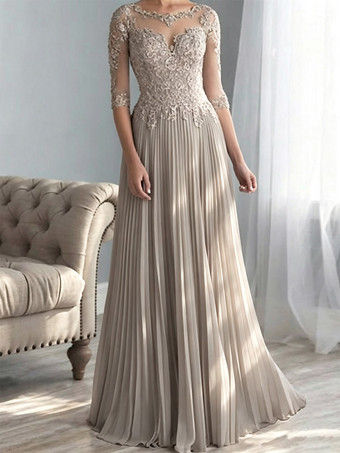 HellgrauBrautmutterkleider A-Linie- Abendkleider für Hochzeit Chiffon Schweinchen Rosa 1/2 Ärmel Hochzeit mit Bateau-Kragen bodenlang und Reißverschluss