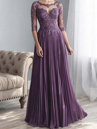 LilaBrautmutterkleider A-Linie- Abendkleider für Hochzeit Chiffon Schweinchen Rosa 1/2 Ärmel Hochzeit mit Bateau-Kragen bodenlang und Reißverschluss