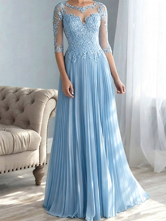Hellblau Brautmutterkleider A-Linie- Abendkleider für Hochzeit Chiffon Schweinchen Rosa 1/2 Ärmel Hochzeit mit Bateau-Kragen bodenlang und Reißverschluss