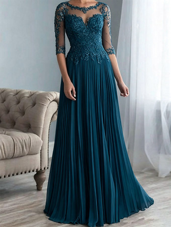 BlaugrünBrautmutterkleider A-Linie- Abendkleider für Hochzeit Chiffon Schweinchen Rosa 1/2 Ärmel Hochzeit mit Bateau-Kragen bodenlang und Reißverschluss