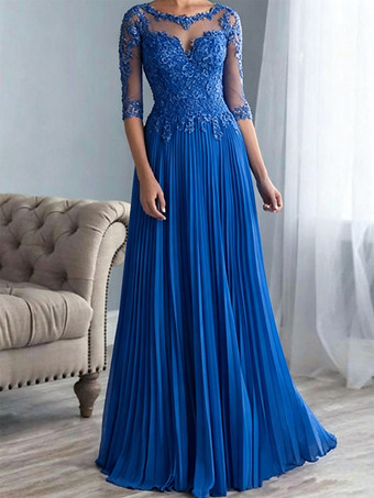 KönigsblauBrautmutterkleider A-Linie- Abendkleider für Hochzeit Chiffon Schweinchen Rosa 1/2 Ärmel Hochzeit mit Bateau-Kragen bodenlang und Reißverschluss