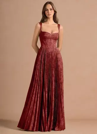 ワインレッド デートナイトドレス スパゲッティストラップ ヴィンテージプリント コルセット プリーツ マキシドレス