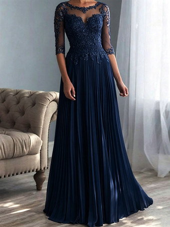 DunkelmarineblauBrautmutterkleider A-Linie- Abendkleider für Hochzeit Chiffon Schweinchen Rosa 1/2 Ärmel Hochzeit mit Bateau-Kragen bodenlang und Reißverschluss