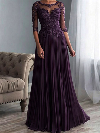 PflaumeBrautmutterkleider A-Linie- Abendkleider für Hochzeit Chiffon Schweinchen Rosa 1/2 Ärmel Hochzeit mit Bateau-Kragen bodenlang und Reißverschluss