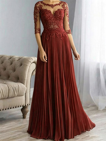 Burgunderrot Brautmutterkleider A-Linie- Abendkleider für Hochzeit Chiffon Schweinchen Rosa 1/2 Ärmel Hochzeit mit Bateau-Kragen bodenlang und Reißverschluss