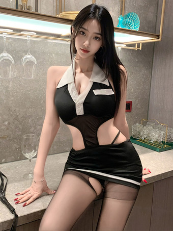 客室乗務員コスプレランジェリーセット ホルターネックメッシュカットアウトボディスーツ ミニスカートセット