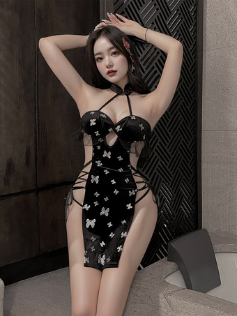 Cheongsam-Dessouskleid mit Schmetterlingsprint Neckholder seitlicher Schnürung hohem Schlitz und Cut-out figurbetont und sexy.