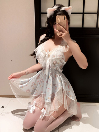 WeißMinikleid mit Bärenmuster Rüschenspitze V-Ausschnitt Bindeband vorne Babydoll-Dessous-Set mit transparentem Mesh-Rücken