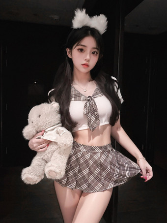 WeißSchulmädchen-Cosplay-Dessous braun kariertes Matrosen-Crop-Top-Outfit Schüler-Rollenspielkostüm mit Overknee-Socken