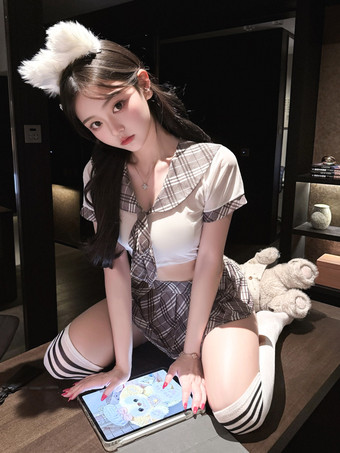 Schulmädchen-Cosplay-Dessous braun kariertes Matrosen-Crop-Top-Outfit Schüler-Rollenspielkostüm mit Overknee-Socken