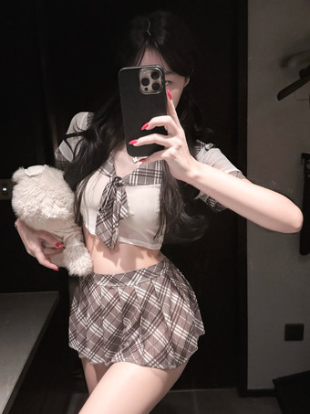Schulmädchen-Cosplay-Dessous braun kariertes Matrosen-Crop-Top-Outfit Schüler-Rollenspielkostüm mit Overknee-Socken