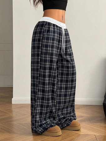 ハイウエスト ドローストリング チェック柄 ワイドレッグパンツ ゆったりカジュアル ストリートウェア レディース
