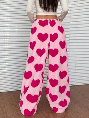 ハート柄のふわふわワイドレッグパンツ（女性用）、ドローストリング付きハイウエスト、ふわふわカジュアルラウンジウェアパンツ