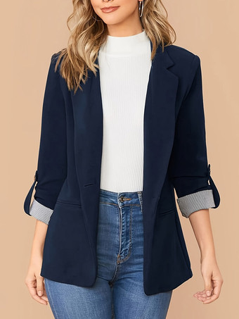 DunkelmarineblauDamenblazer mit Revers offener Vorderseite hochkrempelbaren Ärmeln gestreiften Bündchen lässigem Business-Stil und Taschen