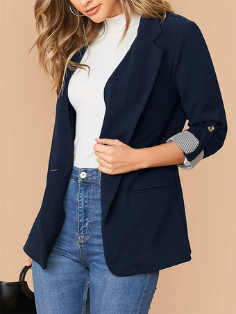 Damenblazer mit Revers offener Vorderseite hochkrempelbaren Ärmeln gestreiften Bündchen lässigem Business-Stil und Taschen