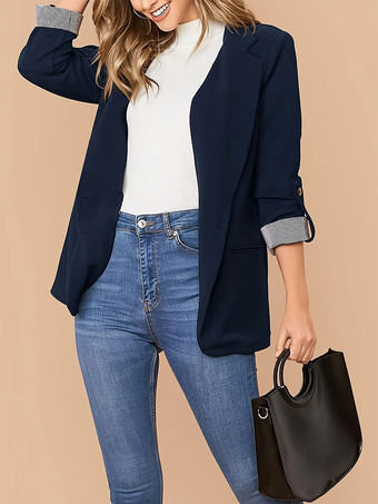 Damenblazer mit Revers offener Vorderseite hochkrempelbaren Ärmeln gestreiften Bündchen lässigem Business-Stil und Taschen