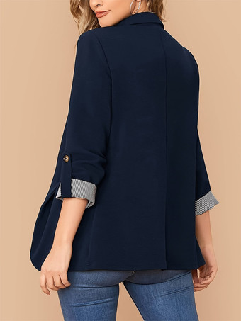 Damenblazer mit Revers offener Vorderseite hochkrempelbaren Ärmeln gestreiften Bündchen lässigem Business-Stil und Taschen