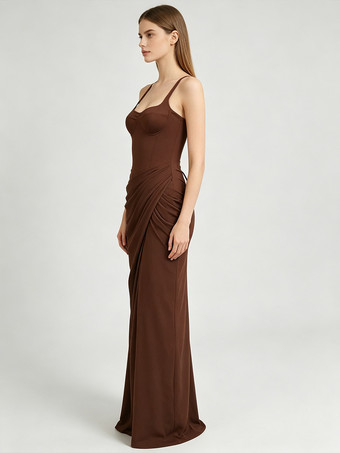 Braun      Partykleid mit Spaghettiträgern V-Ausschnitt Raffungen hohem Schlitz Maxikleid mit Schnürung am Rücken figurbetontem Partykleid