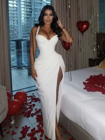 WeißPartykleid mit Spaghettiträgern V-Ausschnitt Raffungen hohem Schlitz Maxikleid mit Schnürung am Rücken figurbetontem Partykleid