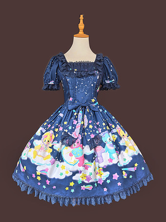 Robe Lolita à imprimé dessin animé mignon manches courtes bouffantes col carré ourlet en dentelle costume kawaii pour fête