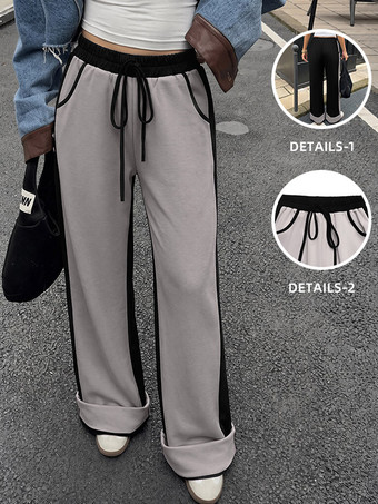 GrauDamen-Jogginghose mit Seitenstreifen weitem Bein elastischem Bund Kordelzug lockerer Passform und Taschen