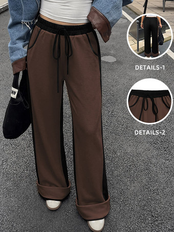 Braun Damen-Jogginghose mit Seitenstreifen weitem Bein elastischem Bund Kordelzug lockerer Passform und Taschen