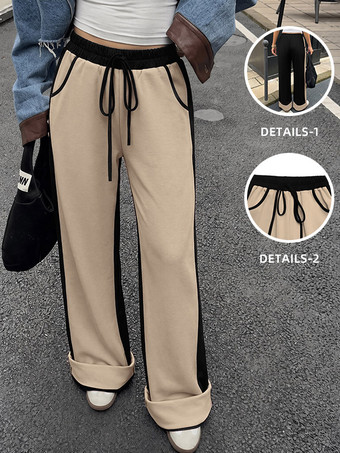 Khaki Damen-Jogginghose mit Seitenstreifen weitem Bein elastischem Bund Kordelzug lockerer Passform und Taschen