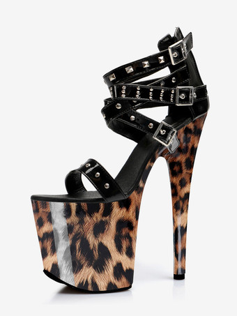 Braun      Sexy Sandalen mit Leopardenmuster Perlenverzierung gekreuzten Schnallen und hohem Absatz