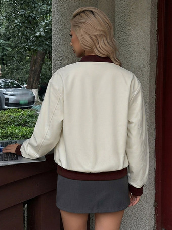 Farbblock-Bomberjacke für Damen Reißverschluss Baseballkragen lange Ärmel kurzes lässiges Oberbekleidungsstück