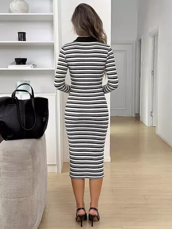 Striped Knit Midi Dress For Women Half Zip Collar Long Sleeve Slim Fit Bodycon Casual Pencil Dresses