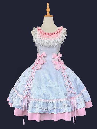 Robe Sweet Lolita sans manches en dentelle à volants ourlet multicouche nœud papillon au dos et laçage