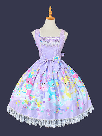 Robe Lolita Jsk sans manches à imprimé étoiles et nuages kawaii col carré ourlet en dentelle et dos lacé