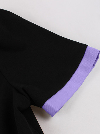 Vintage Midikleid mit Kontrastkragen lila kurzärmelig mit Gürtel A-Linie schwingend