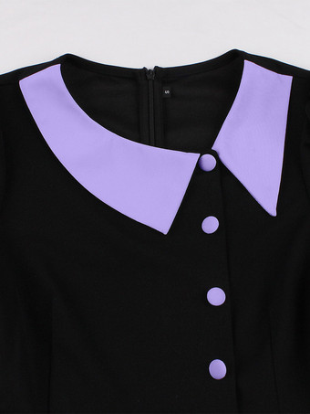 Vintage Midikleid mit Kontrastkragen lila kurzärmelig mit Gürtel A-Linie schwingend