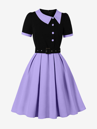 LilaVintage Midikleid mit Kontrastkragen lila kurzärmelig mit Gürtel A-Linie schwingend