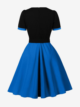 Vintage Midikleid mit Kontrastkragen lila kurzärmelig mit Gürtel A-Linie schwingend