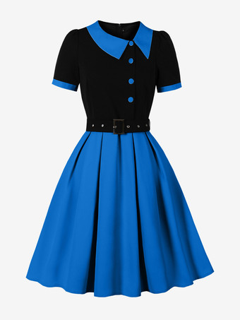 marineblauVintage Midikleid mit Kontrastkragen lila kurzärmelig mit Gürtel A-Linie schwingend