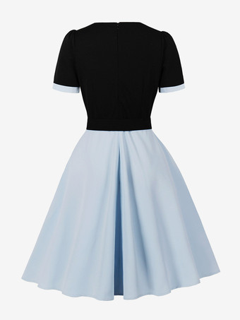 Vintage Midikleid mit Kontrastkragen lila kurzärmelig mit Gürtel A-Linie schwingend