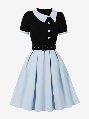 Hellschiefergrau Vintage Midikleid mit Kontrastkragen lila kurzärmelig mit Gürtel A-Linie schwingend