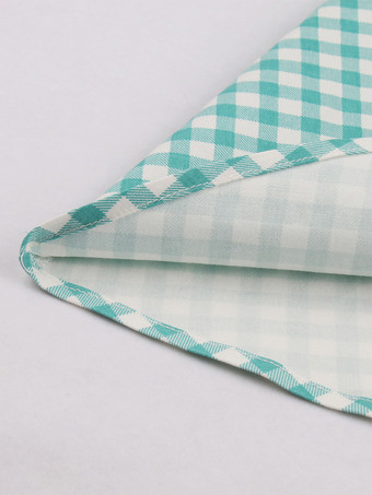 ヴィンテージギンガムチェックノースリーブミディドレス レディース ラペルVネックリボン装飾Aラインスイングドレス ライトグリーンレッド
