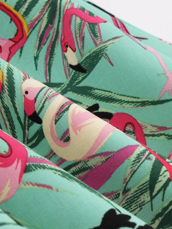 Ärmelloses Midikleid mit Vintage-Flamingo-Print Damen Rundhalsausschnitt Schleife am Rücken A-Linie schwingend Grün