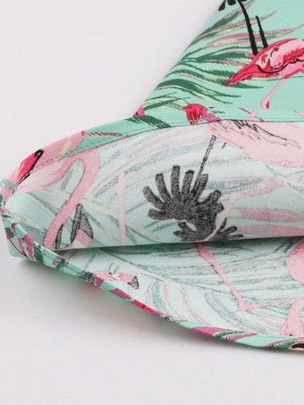 Ärmelloses Midikleid mit Vintage-Flamingo-Print Damen Rundhalsausschnitt Schleife am Rücken A-Linie schwingend Grün
