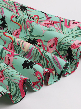 Ärmelloses Midikleid mit Vintage-Flamingo-Print Damen Rundhalsausschnitt Schleife am Rücken A-Linie schwingend Grün
