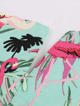 Ärmelloses Midikleid mit Vintage-Flamingo-Print Damen Rundhalsausschnitt Schleife am Rücken A-Linie schwingend Grün