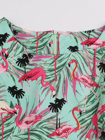 Ärmelloses Midikleid mit Vintage-Flamingo-Print Damen Rundhalsausschnitt Schleife am Rücken A-Linie schwingend Grün