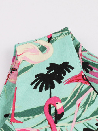 Ärmelloses Midikleid mit Vintage-Flamingo-Print Damen Rundhalsausschnitt Schleife am Rücken A-Linie schwingend Grün