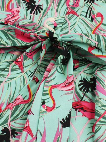 Ärmelloses Midikleid mit Vintage-Flamingo-Print Damen Rundhalsausschnitt Schleife am Rücken A-Linie schwingend Grün