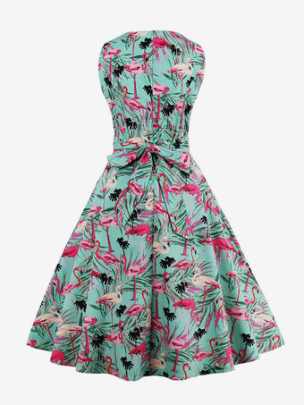 Ärmelloses Midikleid mit Vintage-Flamingo-Print Damen Rundhalsausschnitt Schleife am Rücken A-Linie schwingend Grün