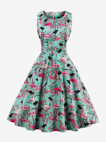 Grün Ärmelloses Midikleid mit Vintage-Flamingo-Print Damen Rundhalsausschnitt Schleife am Rücken A-Linie schwingend Grün